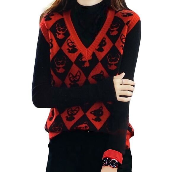 Sweaters - Sleeveless V Neck Red Argyle Black Graphic Knit Sweater Vest NEW